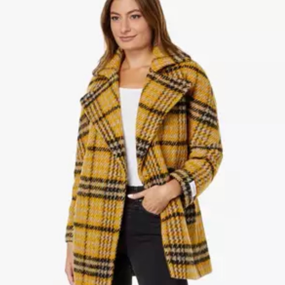 Calvin Klein Yellow and Black Plaid Pea Coat